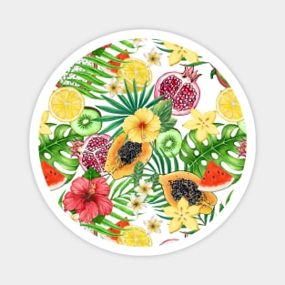 Tropical mix-fruit, flowers and leaves on white Magnet